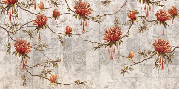Papier Peint Arbre En Fleurs Sur Carreaux