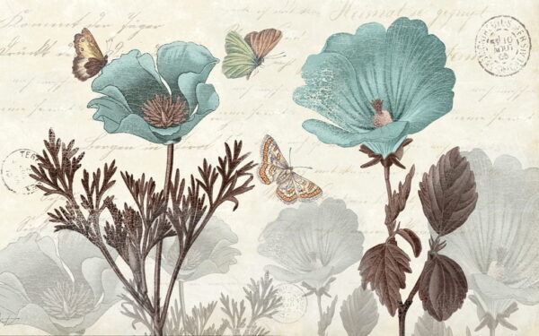 Papier Peint Fleurs Bleues et Papillons