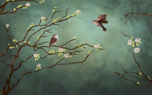 Papier Peint Une Paire D'Oiseaux Sur Un Arbre En Fleurs