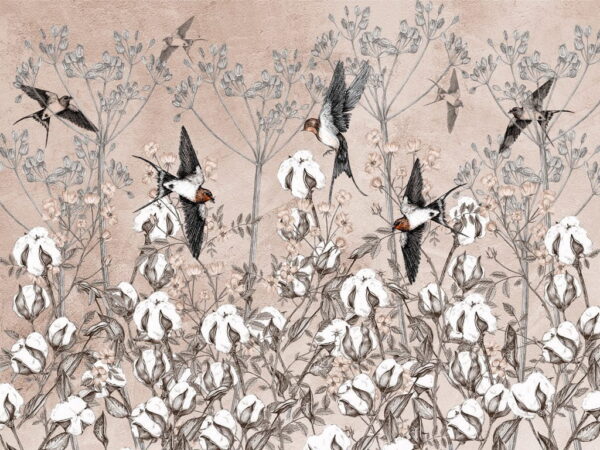 Papier Peint Oiseaux en Fleurs de Coton