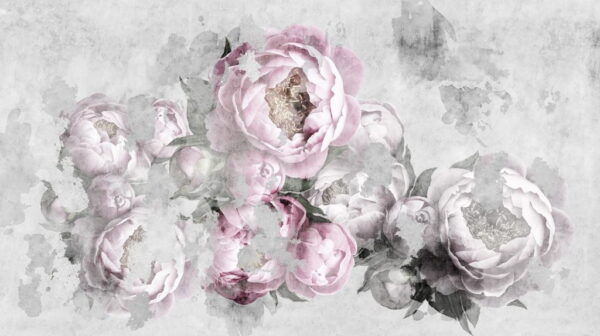 Papier Peint Pivoines Roses Flou en Gris
