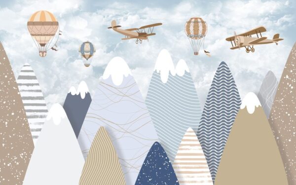 Papier peint avions et ballons au-dessus des montagnes pour un enfant
