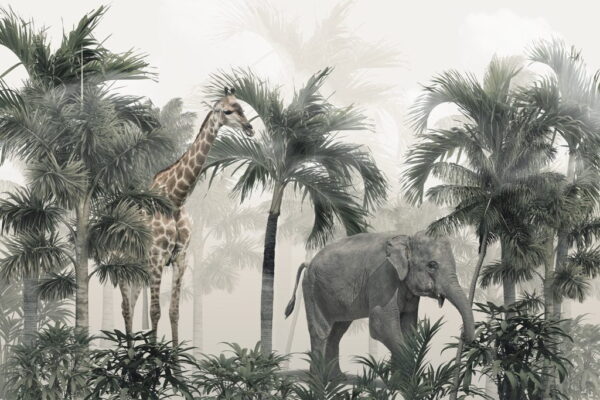 Papier Peint Éléphant et Girafe dans la Jungle