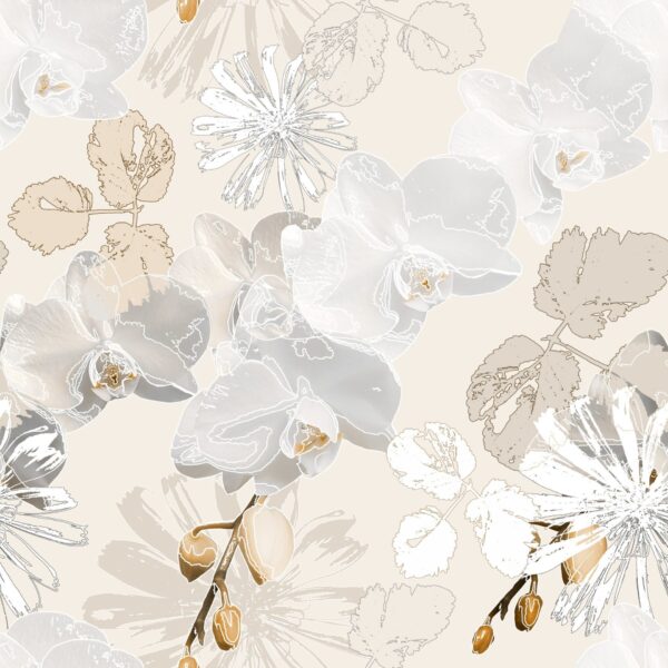 Papier Peint Orchidées Grises et Marguerites Blanches