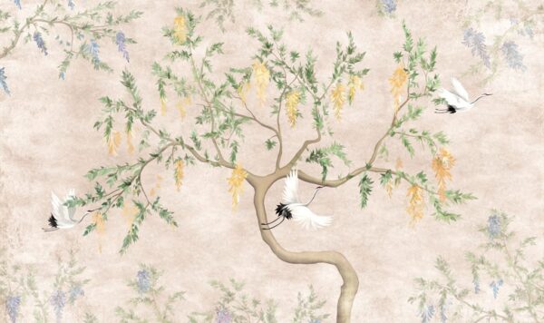 Papier Peint Trois Grues Volantes et Arbre