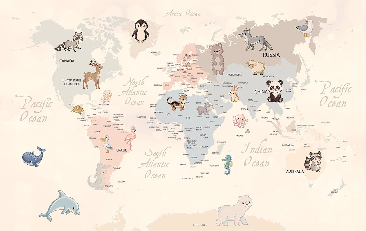 Animals,World,Map,For,Kids,Wallpaper,Design