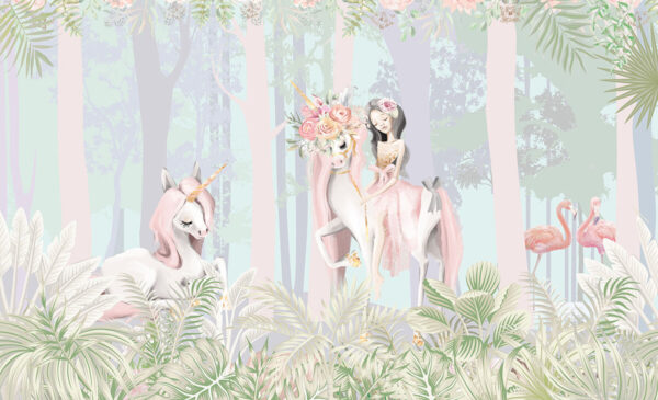 Papier peint Feuilles Fille sur une licorne