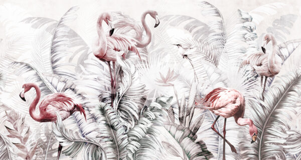 Papier peint Flamants roses dans les feuilles