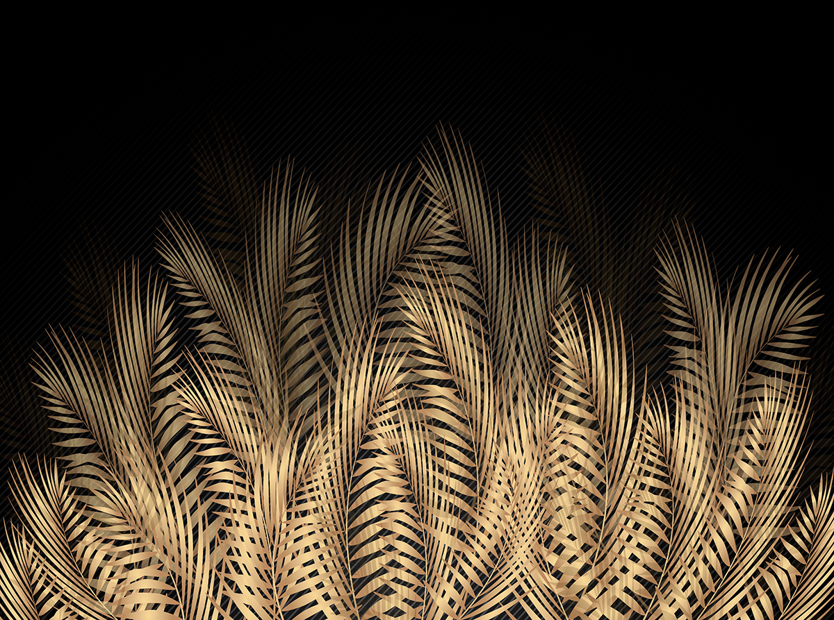 3d,Picture,Golden,Tropical,Palm,Leaves,On,Black,Background,For