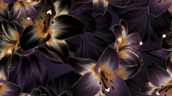 Papier peint Fleurs violettes avec de l'or