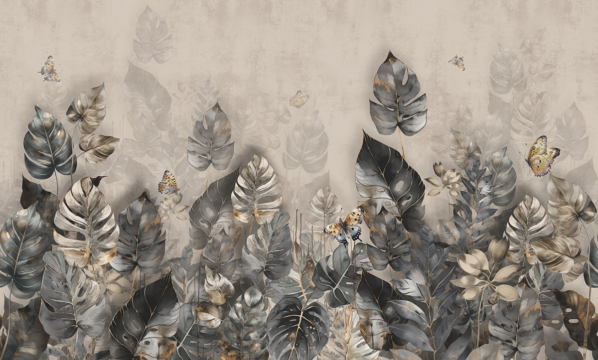 Tropical,Leaf,Pattern,Wallpaper,With,A,Beige,Background,.