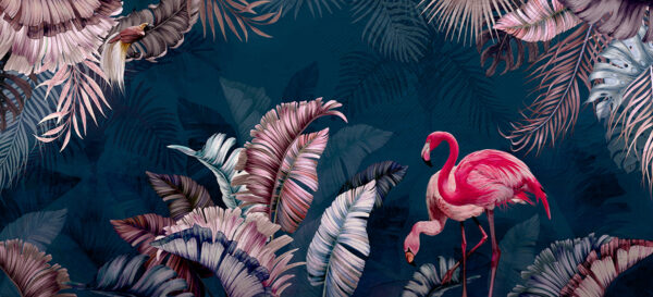 Papier peint Flamants roses en vert foncé