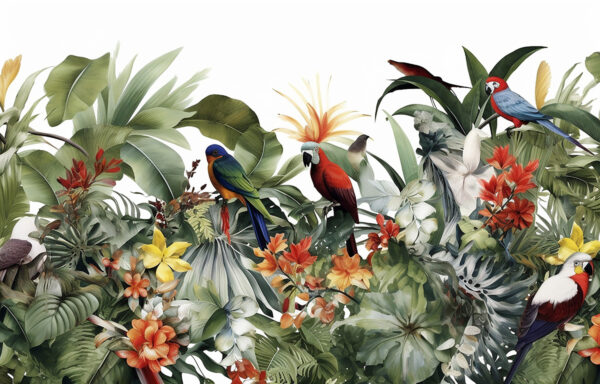 Papier peint Perroquets colorés et végétation