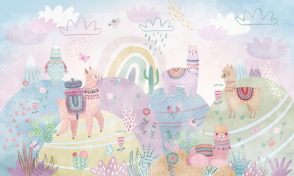 Papier peint Lamas roses