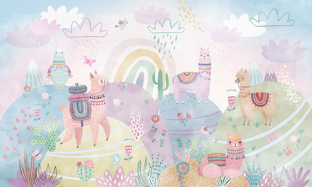 Colorful,Wildlife,Kids,Room,Wallpaper,Mural,,Rainbow,,Cactus,,Clouds,,Nursery