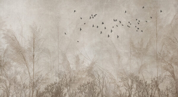 Papier peint Oiseaux au-dessus de la prairie beige