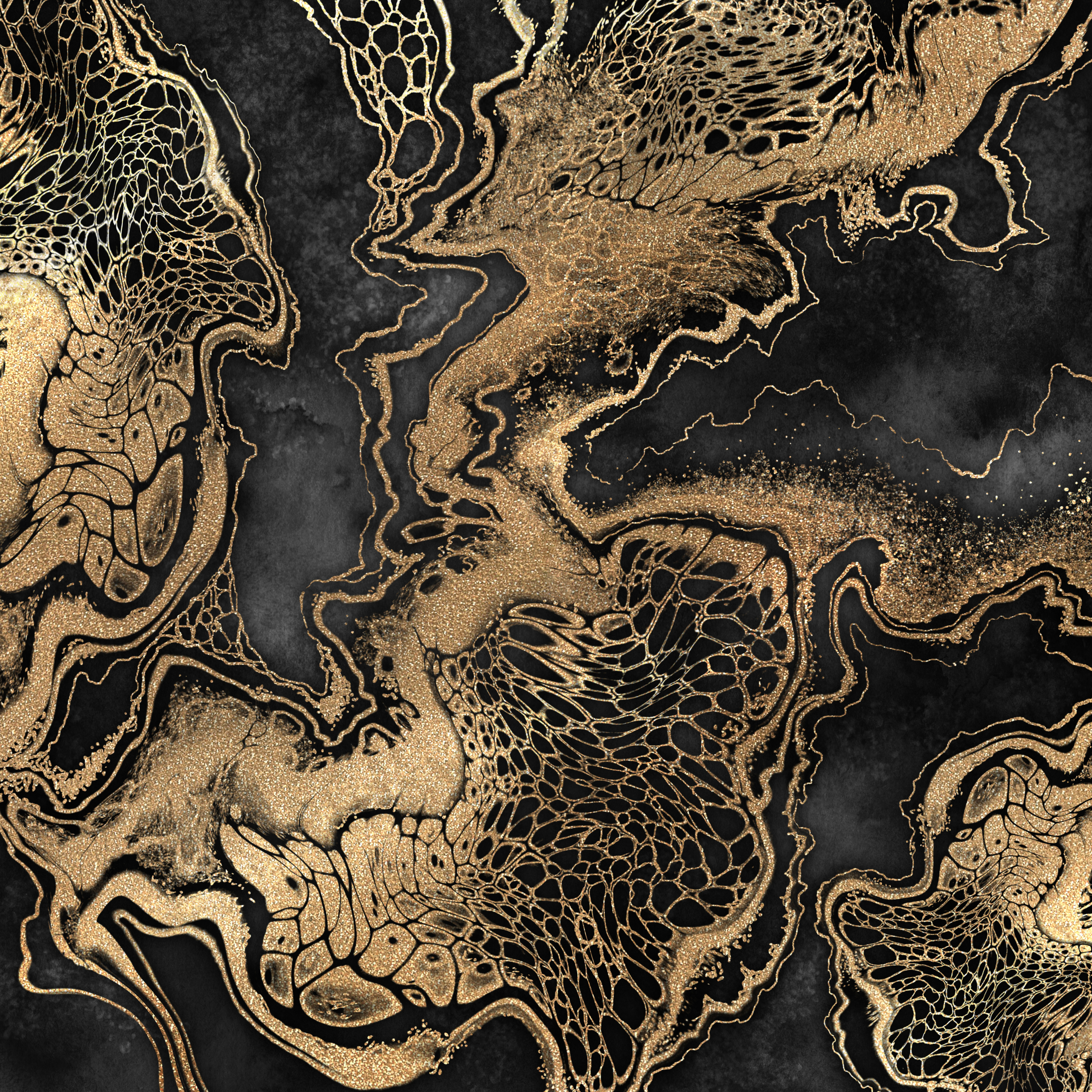 abstract liquid acrylic painting, gold veins on black background