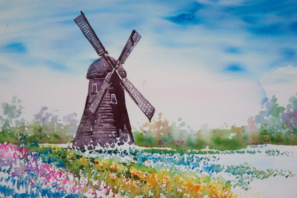 Papier peint Moulin à vent peint à l'aquarelle