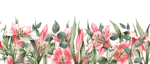 Papier peint Lys roses peints avec des feuilles vertes