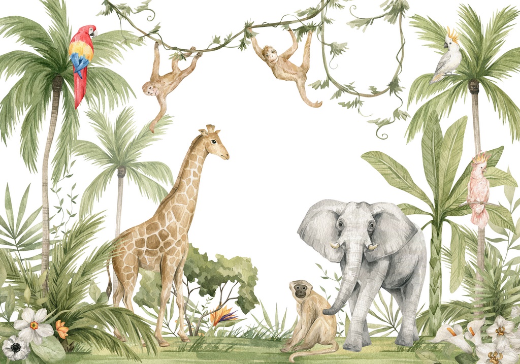 Watercolor composition with African animals and natural elements