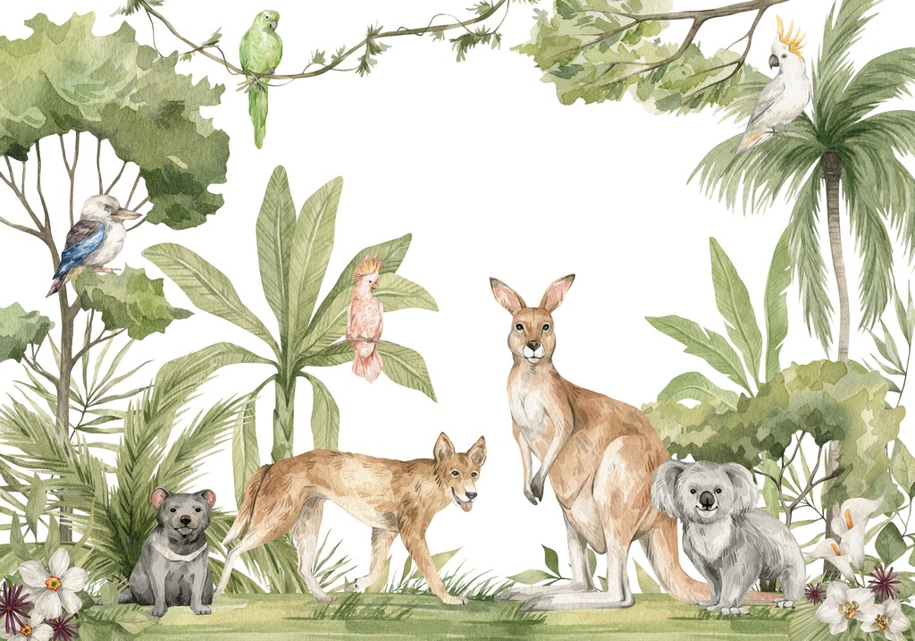 Watercolor composition with Australian animals and natural eleme