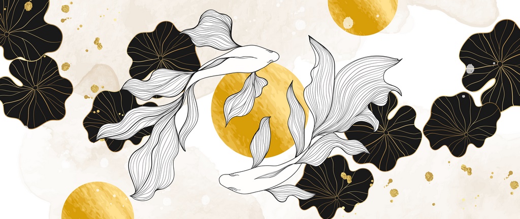 Luxury botanic and fish in line art style background. Watercolor
