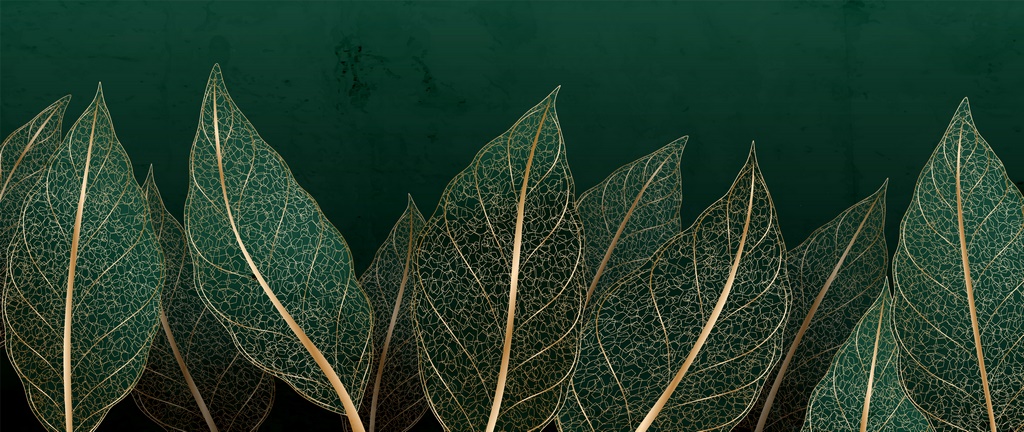 Luxury dark golden background with leaves in line art style. Bot