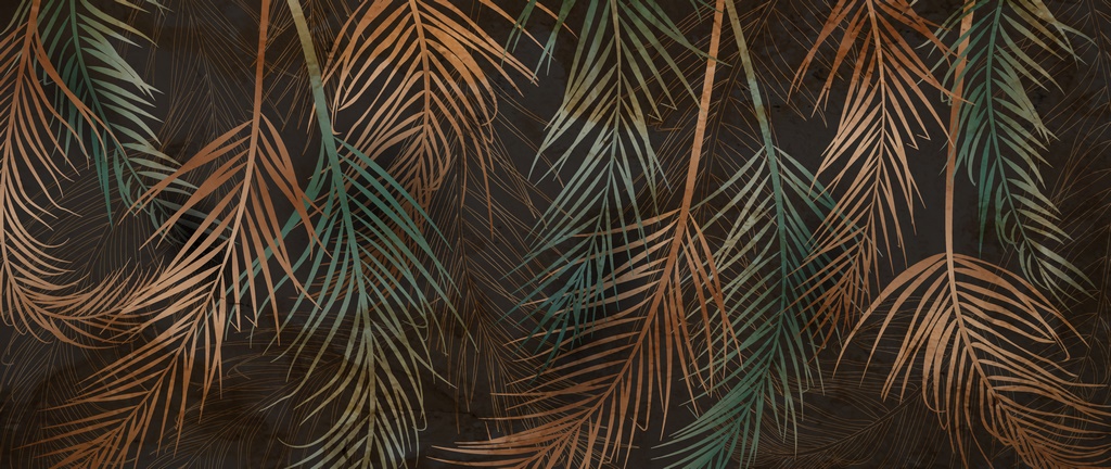 Luxurious gold and green flowers of tropical leaves on a dark ba