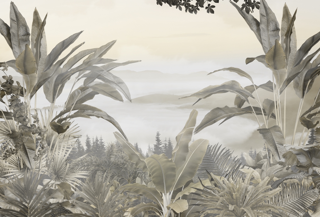 tropical trees and leaves in foggy forest wallpaper design - 3D illustration