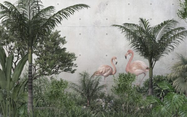 Papier peint Flamants roses dans le vert