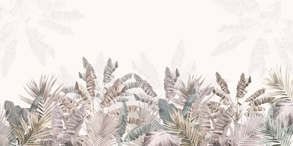 tropical trees and leaves in foggy forest wallpaper design - 3D illustration