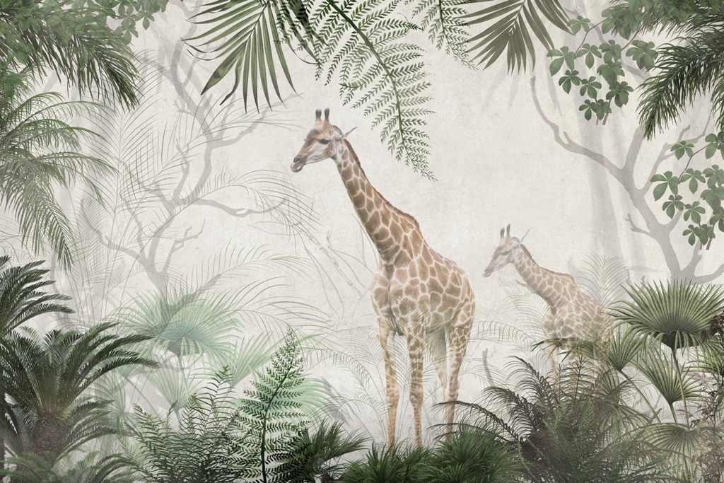 tropical trees and leaves wallpaper design in foggy forest - 3D illustration