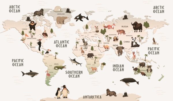 Papier peint Carte du monde et animaux