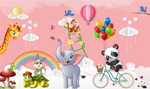 Papier peint Animaux joyeux sur fond rose