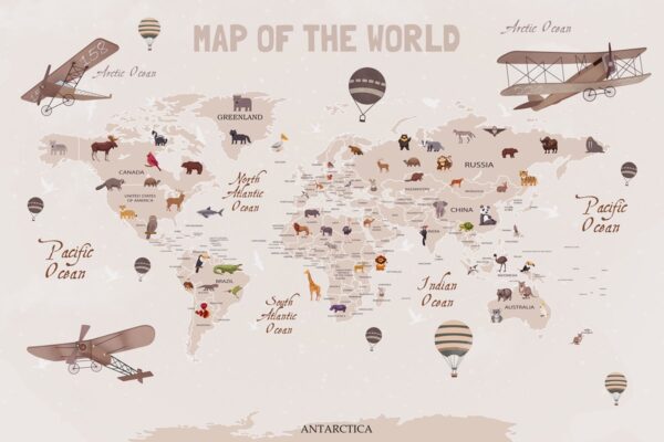 Papier peint Carte du monde avec objets volants