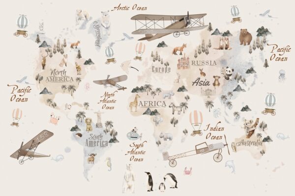 Papier peint Carte du monde pleine d'animaux