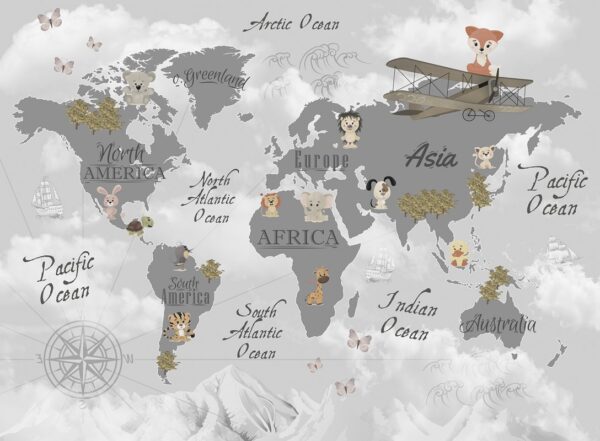 Papier peint Carte du monde pour enfants en gris