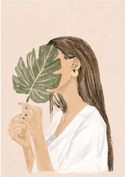 Papier peint Femme et feuille de Monstera
