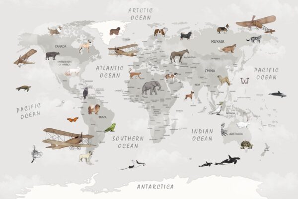 Papier peint Carte du monde grise pour enfants