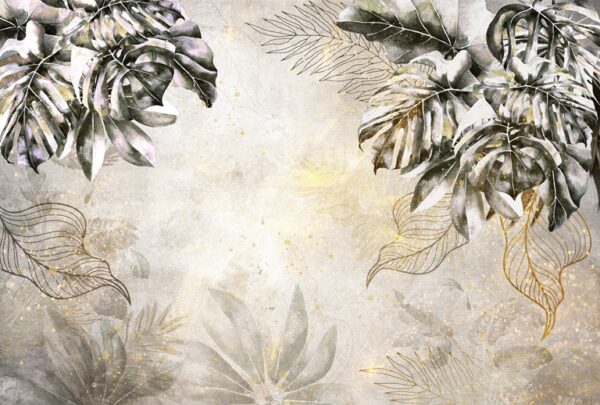 Papier peint Feuilles tropicales en or