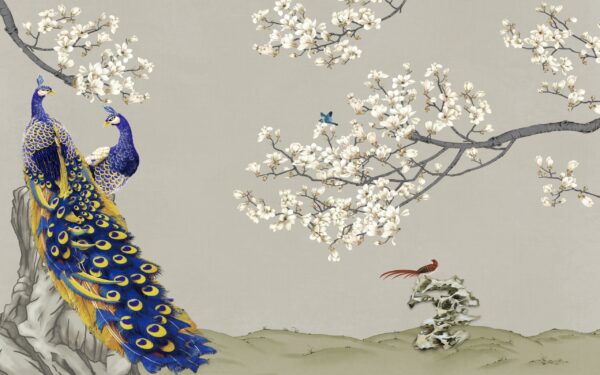 Papier peint Paons et fleurs de cerisier
