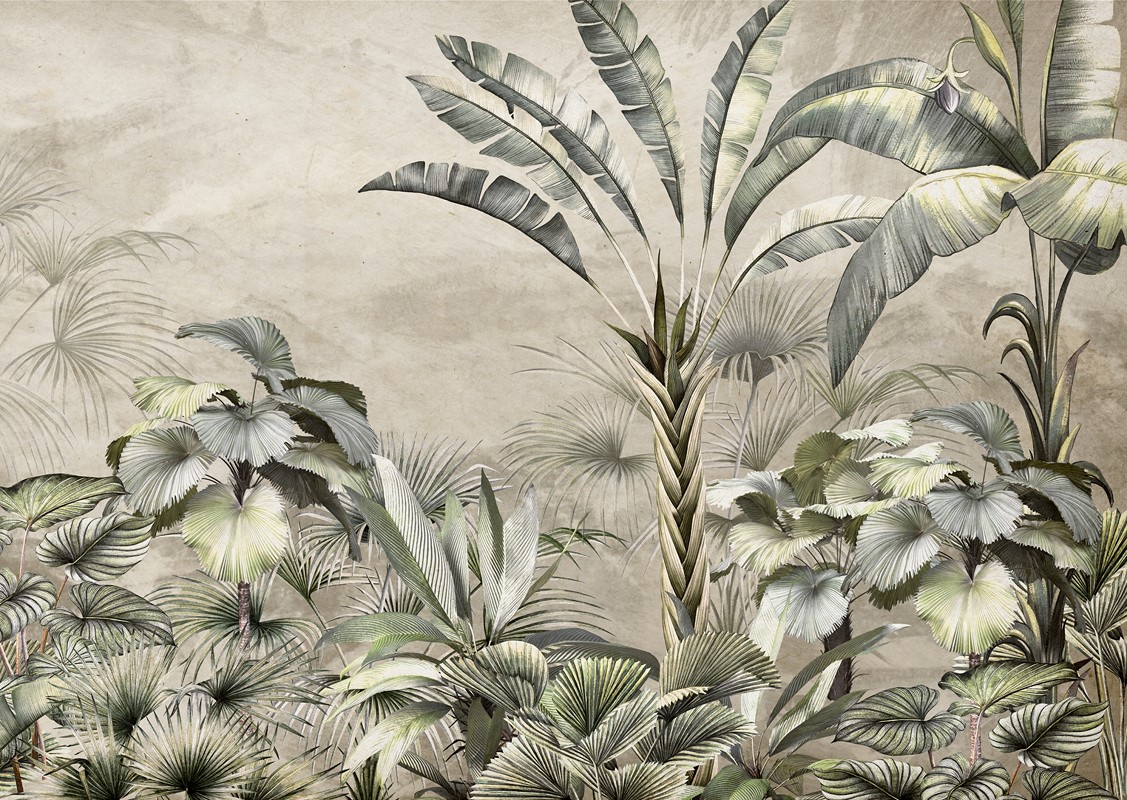Tropical,Trees,And,Leaves,Wallpaper,Design,In,Foggy,Forest,-