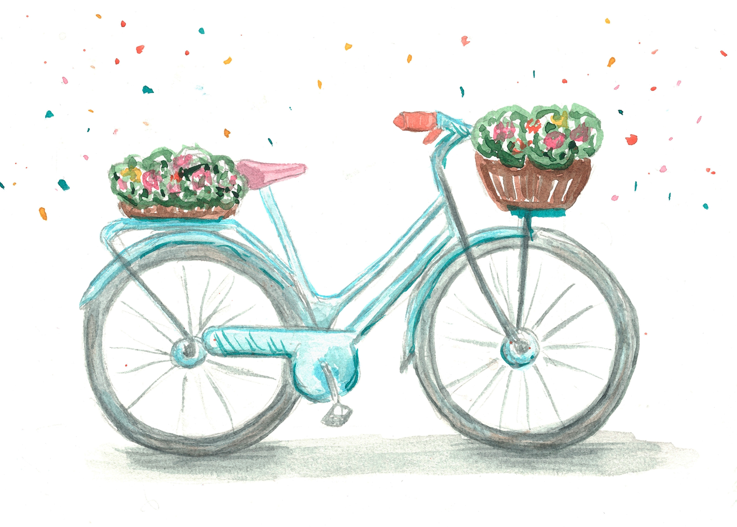 Bicycle,With,Flowers,Watercolor,Illustration