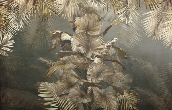 Papier peint Colonne de feuilles tropicales dorées