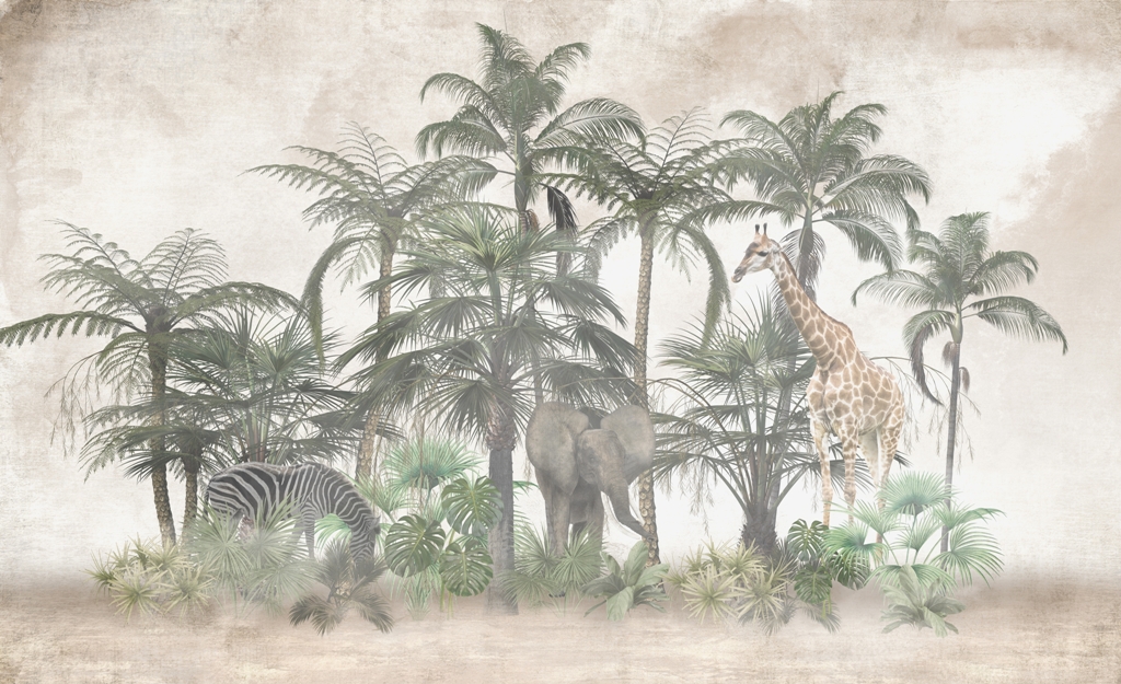 Safari animals among trees , Kids room wallpaper design