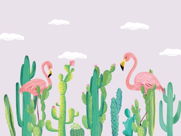 Papier peint Flamants roses et cactus