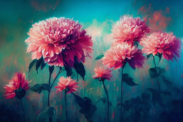 Papier peint Fleurs roses en turquoise