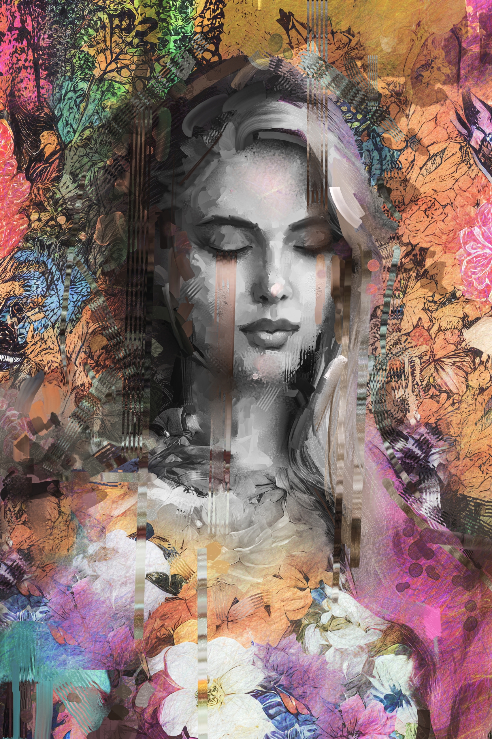 Abstract,Paint,,Black,-,White,Color,Portrait,And,Colourful,Background.