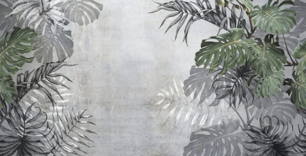 Papier peint Feuilles tropicales en gris