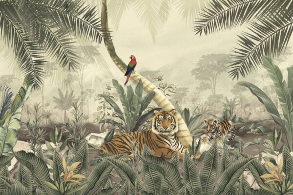 Papier peint Tigres sur fond de jungle